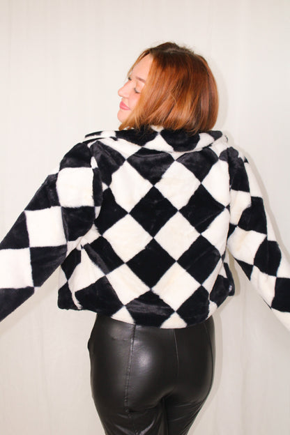 Mystery Lady Checkered Soft Fur Jacket - Black/White