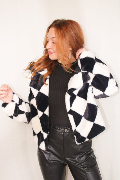 Mystery Lady Checkered Soft Fur Jacket - Black/White