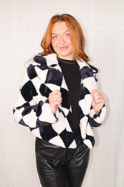 Mystery Lady Checkered Soft Fur Jacket - Black/White