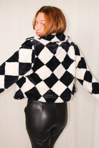 Mystery Lady Checkered Soft Fur Jacket - Black/White