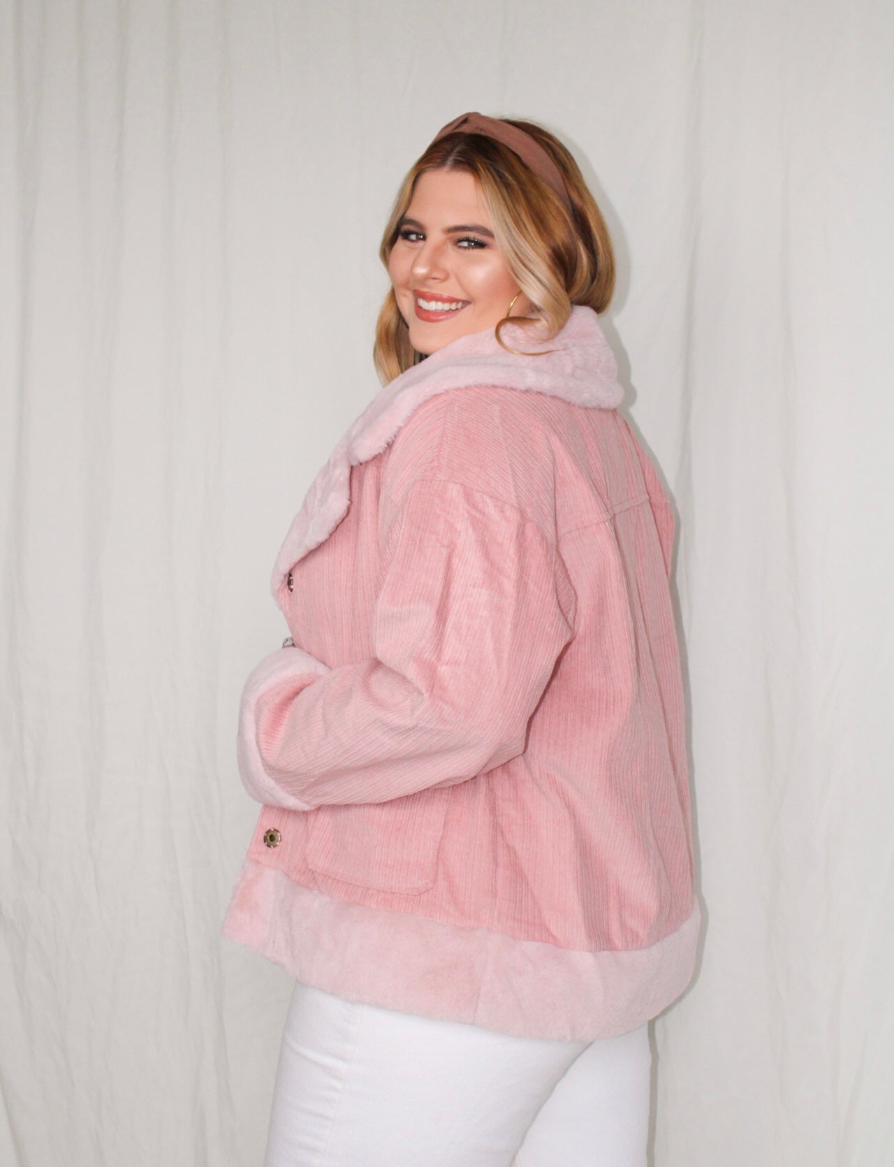 Pink corduroy shop jacket with fur