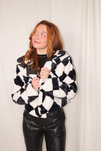 Mystery Lady Checkered Soft Fur Jacket - Black/White