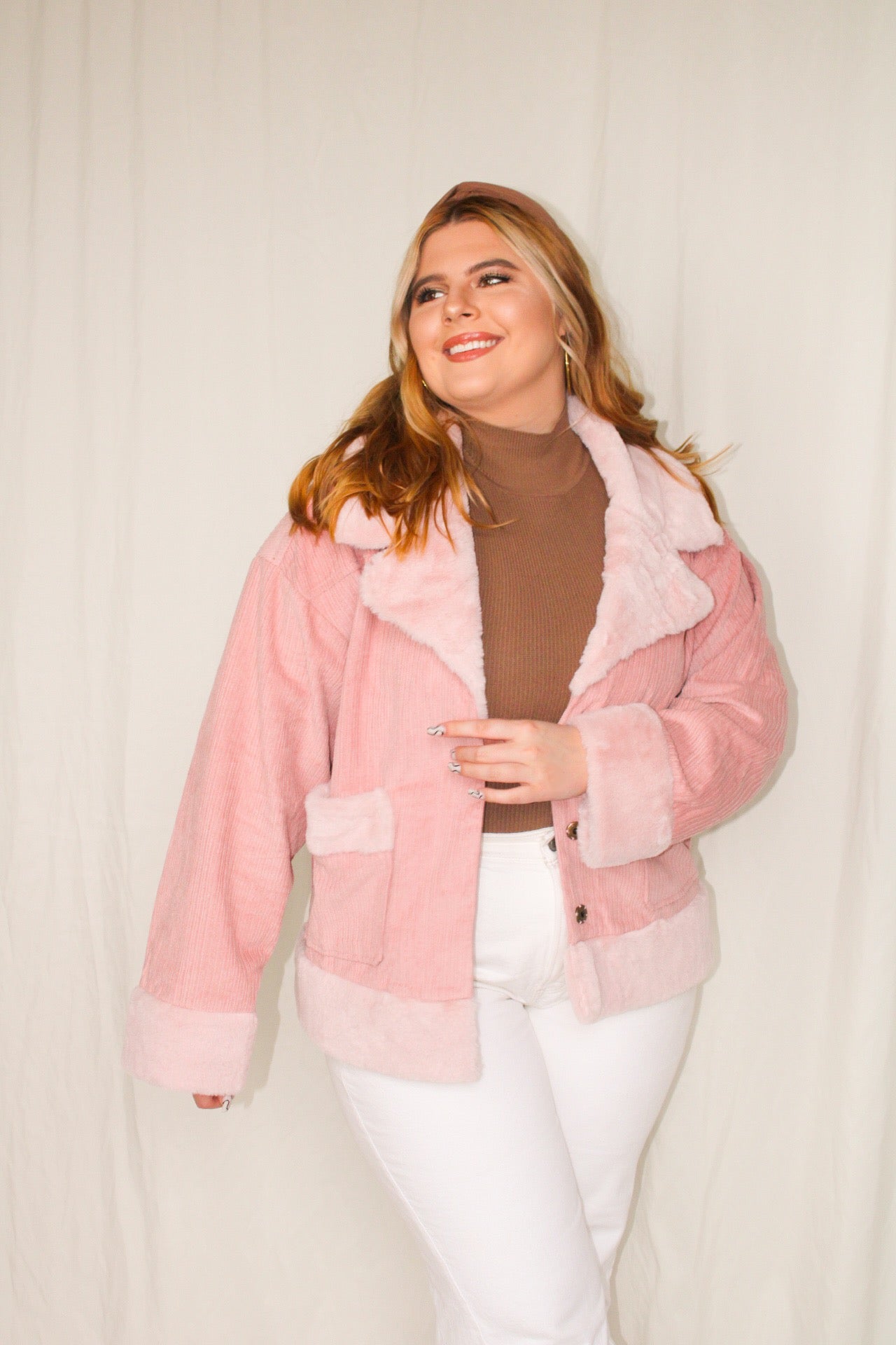 Mallory Oversized Corduroy Fur Jacket - Pink