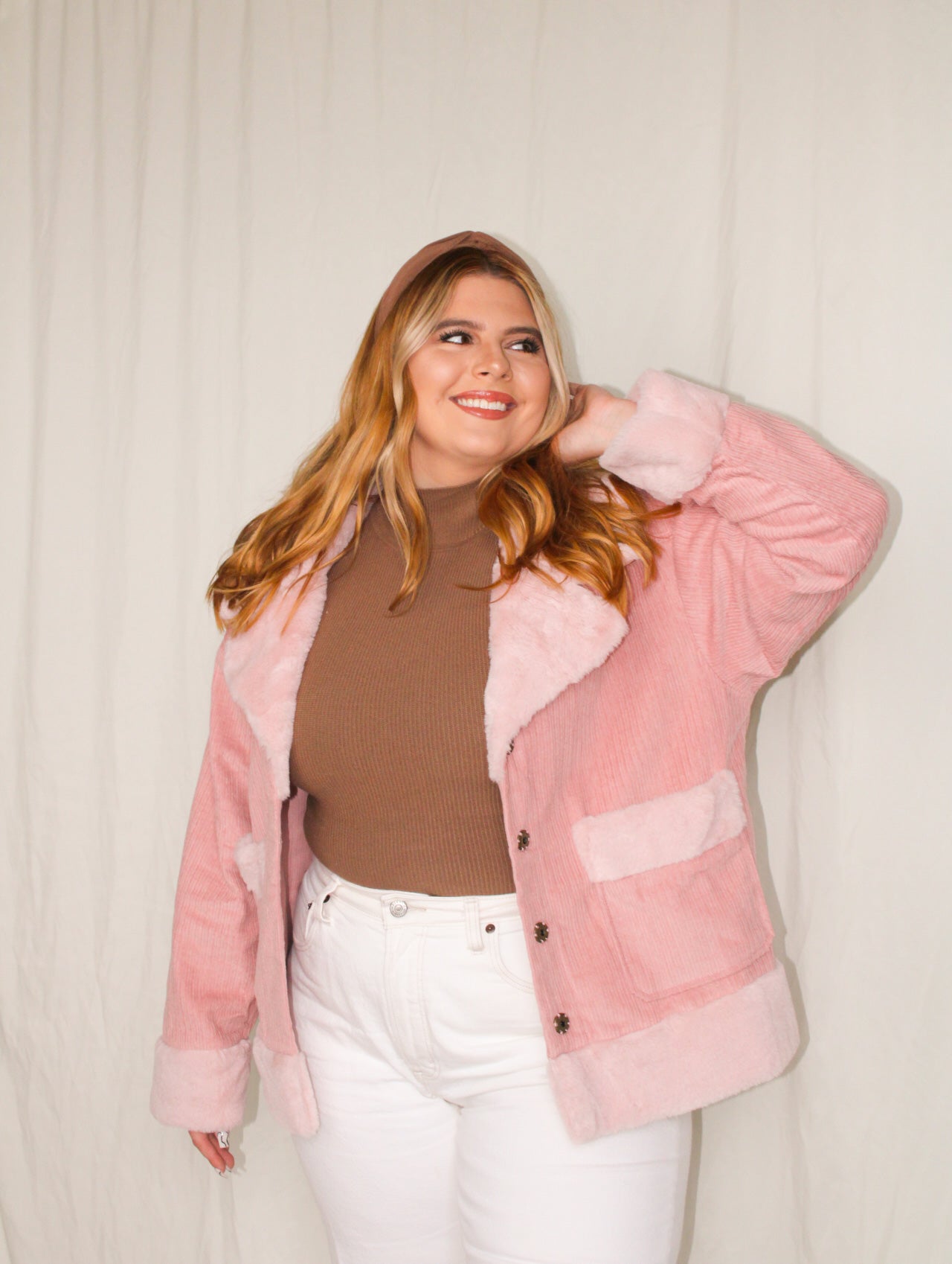 Pink corduroy outlet faux fur jacket